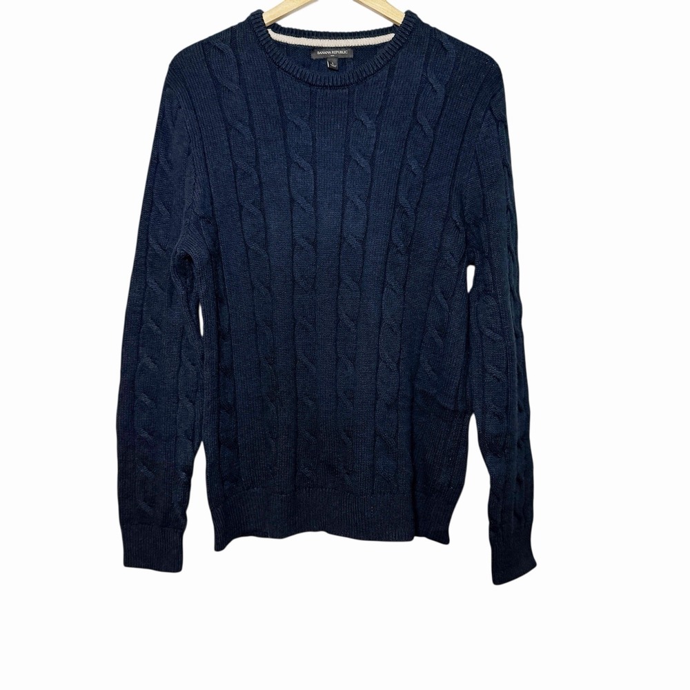 Banana Republic Mens Fisherman Cable Knit Sweater Large Navy Crewneck Preppy Ivy